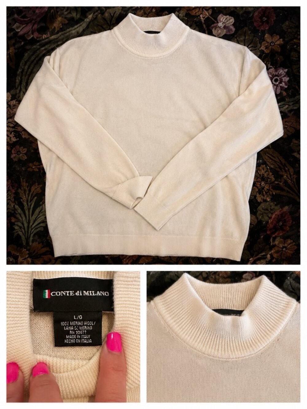 Conte di Milano 100% Merino Wool Cream Mock Neck Sweater Made Italy